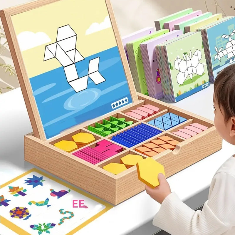 Magnetic Wooden Building Blocks with Pattern Cards - Creative STEM Toy for Kids