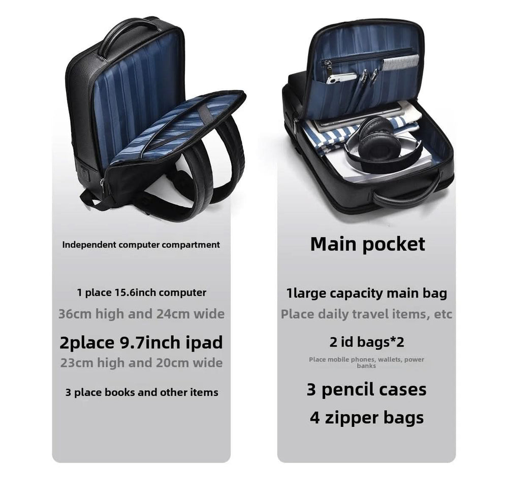 Men's Leather Laptop Backpack – USB Charging Port, 15.6-Inch Sleeve & PU Leather