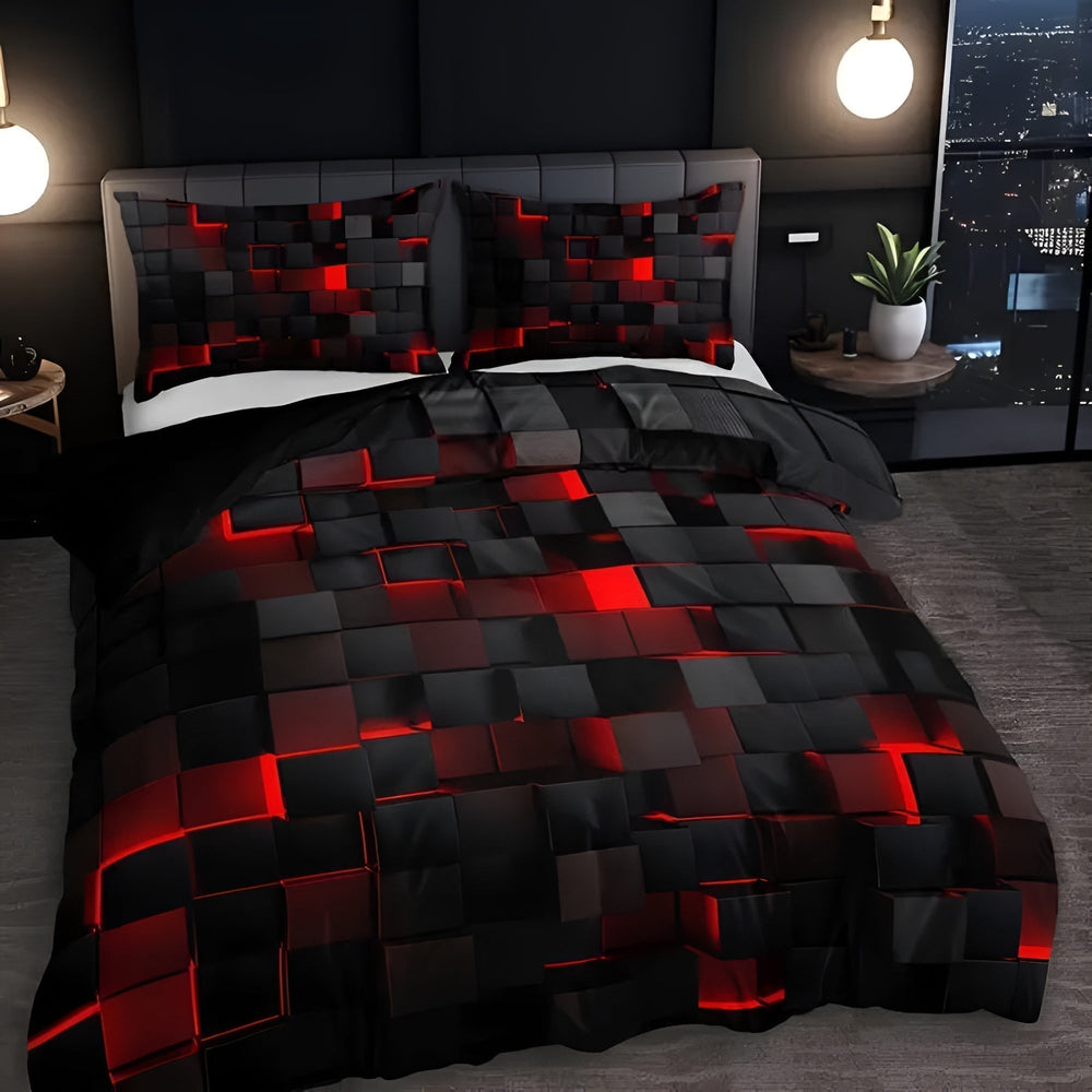 3D Grid Gaming Bedding Set – Microfiber Cotton Blend, Breathable, Multiple Sizes