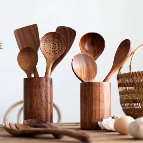 9-Piece Teak Wood Kitchen Utensil Set with Holder & Spoon Rest - Durable & Stylish Cooking Essentials