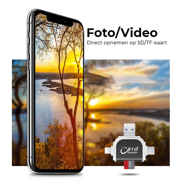 4-in-1 Memory Card Reader – USB, USB-C, Micro-USB & Lightning, SD & MicroSD