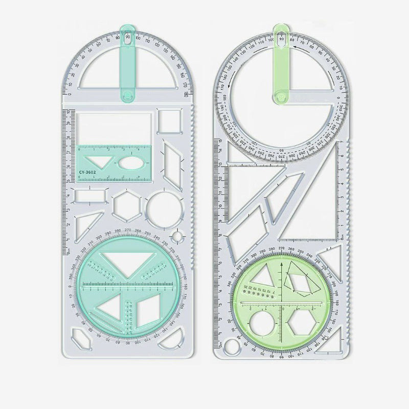 Geometry Ruler with Protractor – Transparent PP, Rotating Angle & Shape Stencils