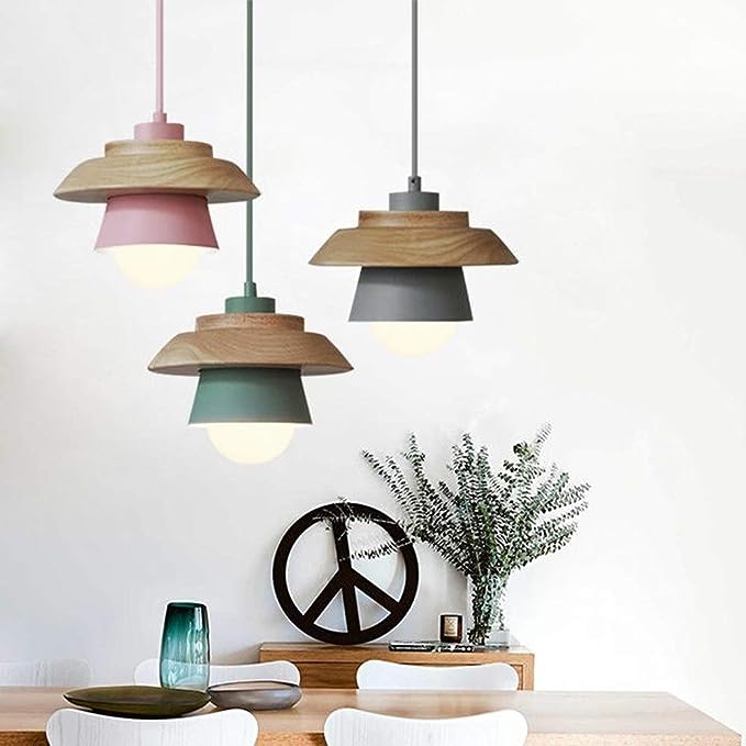 Nordic Wooden Pendant Light – Metal Shade, E27 Socket & Height-Adjustable Cable