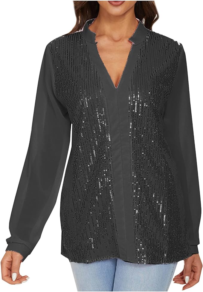 Plus Size Fall Sequin V-Neck Blouse - Stylish & Sparkling Autumn Top