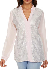 Plus Size Fall Sequin V-Neck Blouse - Stylish & Sparkling Autumn Top