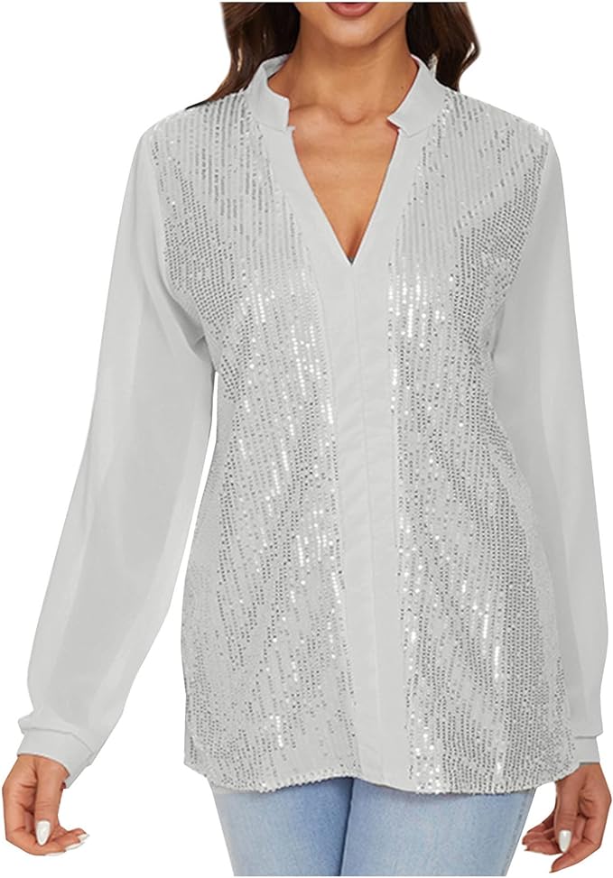 Plus Size Fall Sequin V-Neck Blouse - Stylish & Sparkling Autumn Top