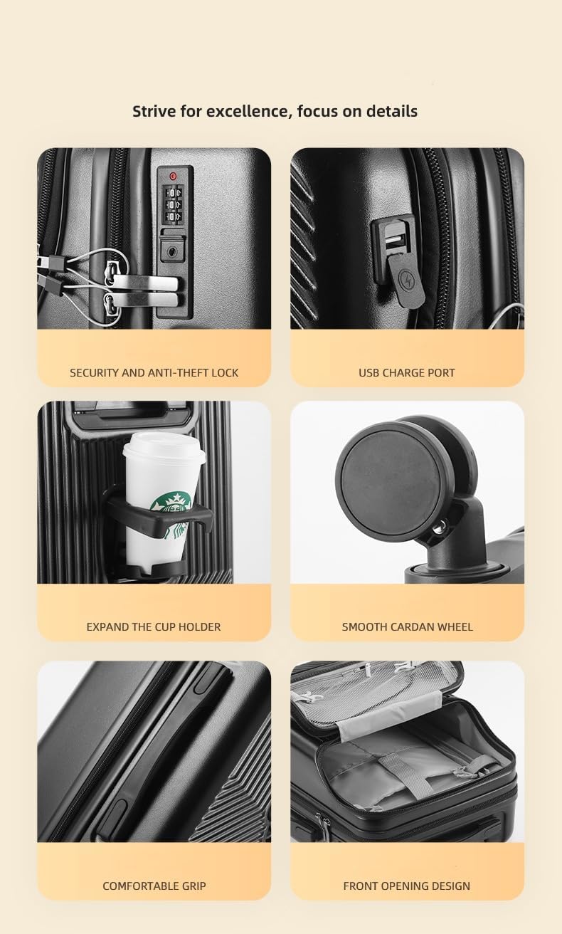 Premium Hard Shell Carry-On Luggage with Cup Holder, USB Charging Port & TSA-Approved Lock - Travel in Style!