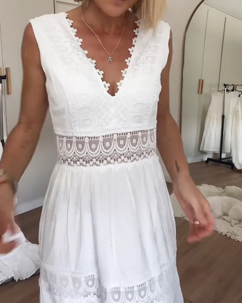 White Lace Midi Dress with V-Neck - Celina