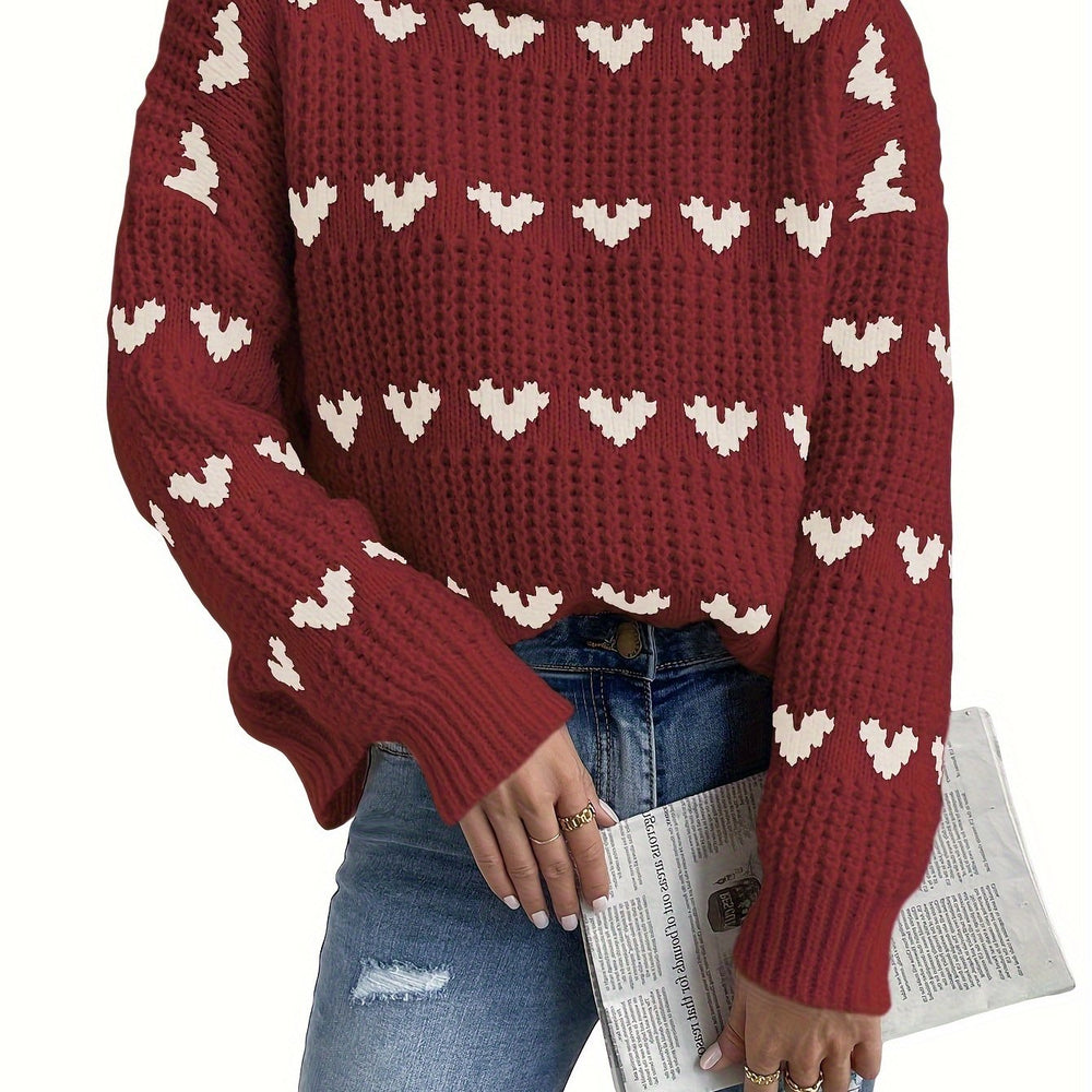 Knitted Ladies' Sweater with Heart Pattern and High Neck – Nola - 2