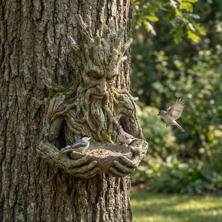 Tree Face Bird Feeder – Weatherproof Resin, Feeding Bowl & Trunk-Mount Sculpture
