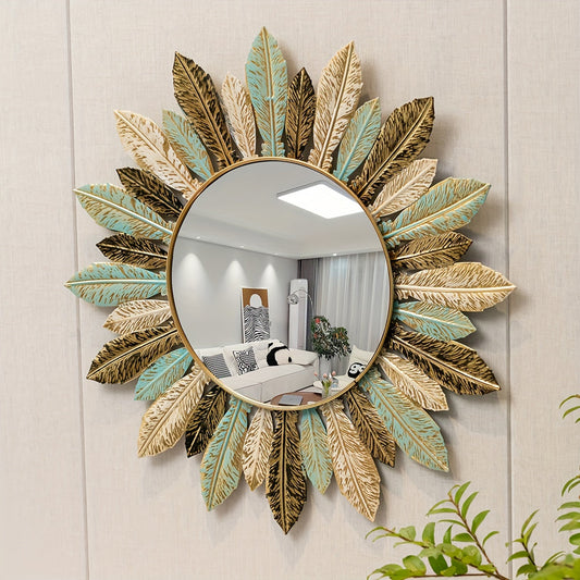 Wall Mirror – Bohemian Sunburst Design, Metal Frame & Teal-Gold Leaf Finish