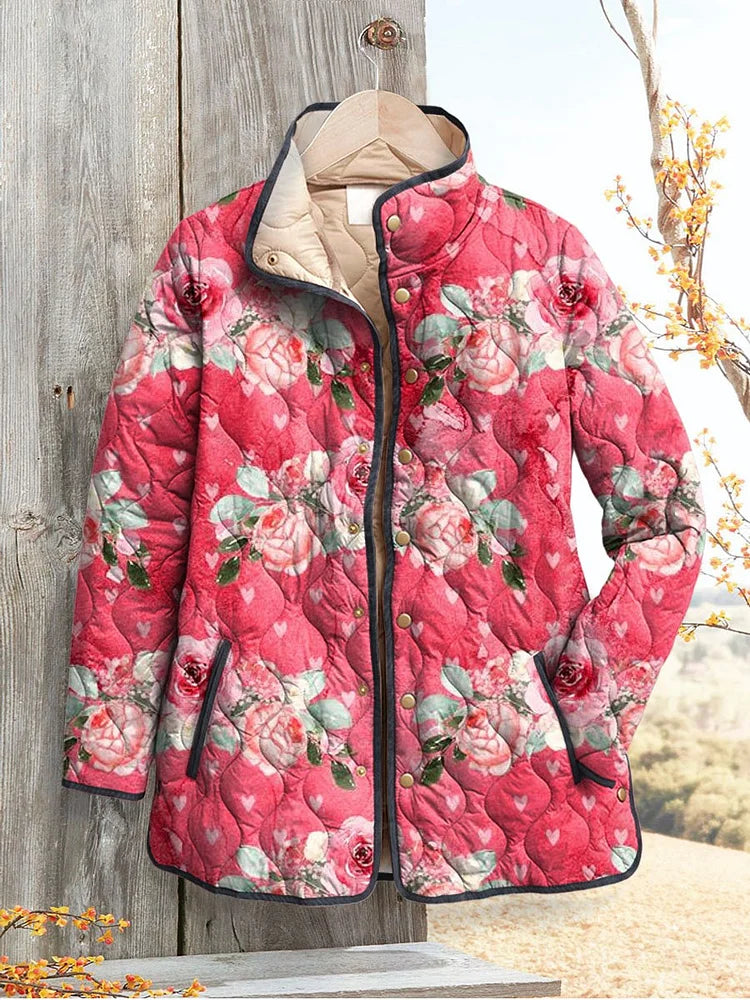 Optimized Product Title: "Damen Charmante Rosa Blumen Druck Casual Steppjacke – Leichte, Stylische Jacke für Frühling und Herbst" 

This title includes relevant keywords while enhancing clarity and appeal for potential customers.