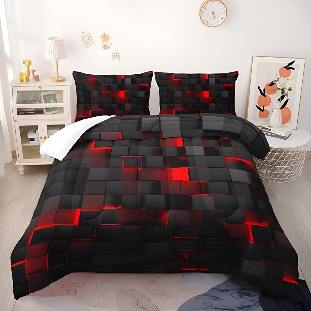 3D Grid Gaming Bedding Set – Microfiber Cotton Blend, Breathable, Multiple Sizes