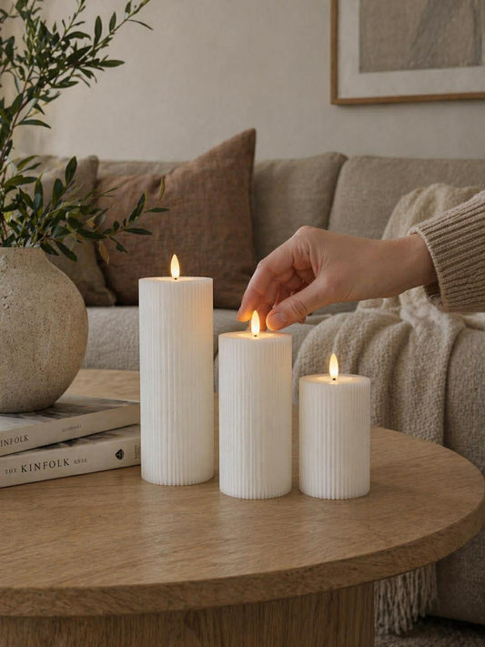 Touch-Control LED Candle Set – 3 Sizes, Ribbed White Wax & Wireless Flameless