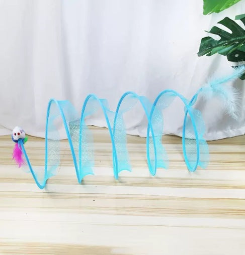 Cat Play Tunnel with Feathers & Balls – Collapsible Sisal, Interactive Hunting Toy