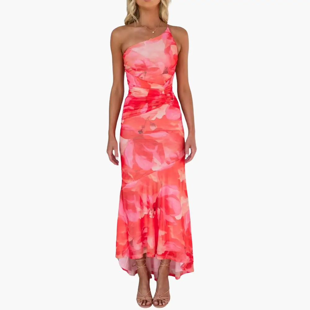 Women's Floral Maxi Dress – One-Shoulder, Asymmetrical Hem & Lightweight Fabric