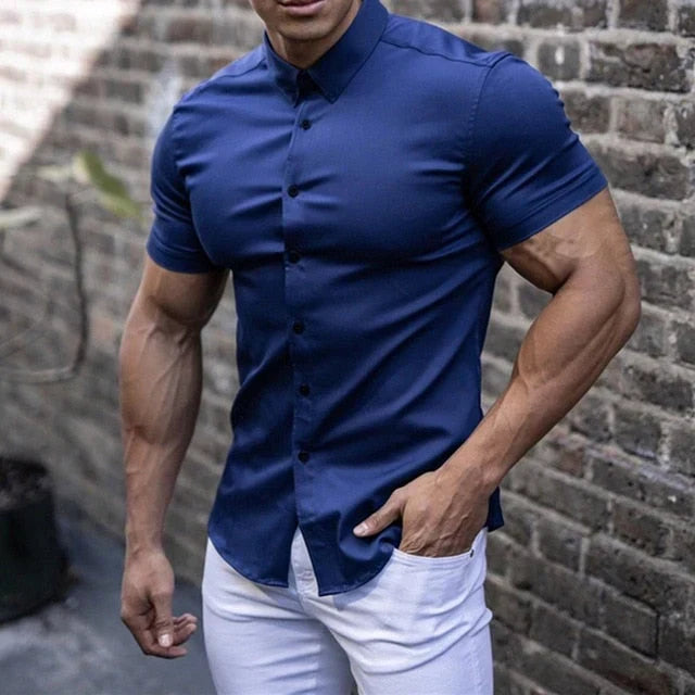 Luca Slim Stretch Short-Sleeve Shirt - Blue
