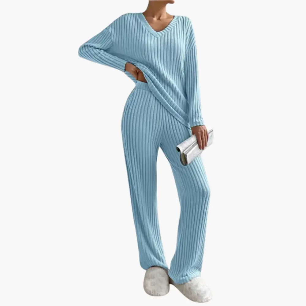 Women's Lounge Set – V-Neck, Ribbed Texture & Two-Piece