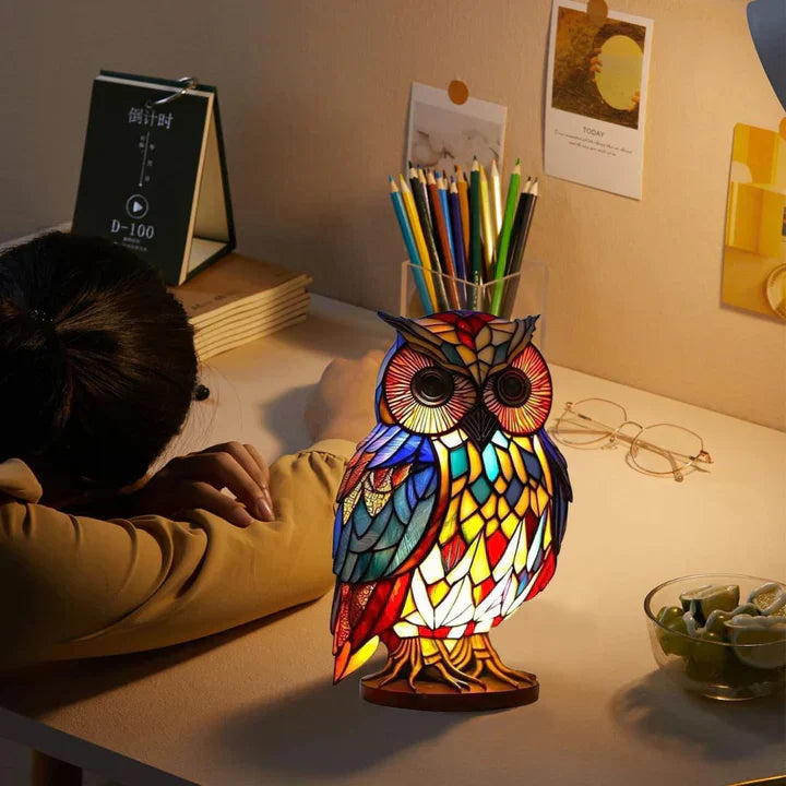 Stained Glass Owl Table Lamp – Handmade, Warm LED & Living Room Decor