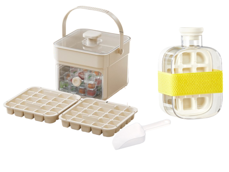 Push-Button Ice Cube Tray – BPA-Free PET/PP, Storage Bin & Ice Scoop