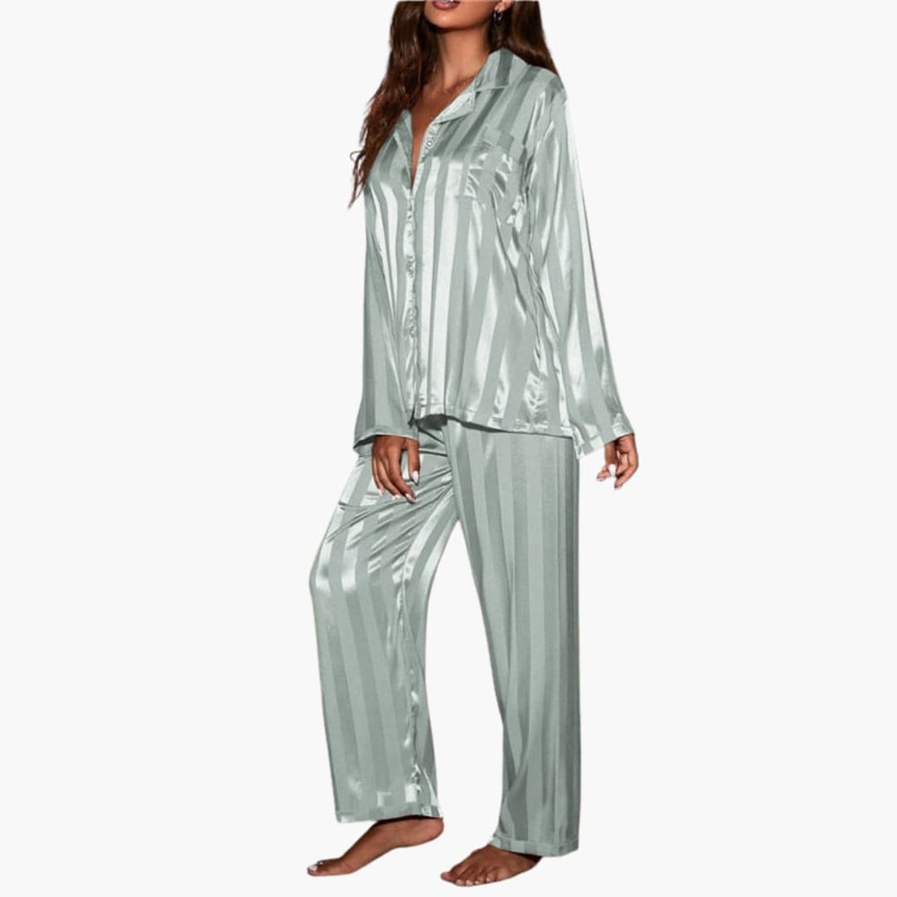 Women's Pajama Set – Satin, Button Top & Stripe Design