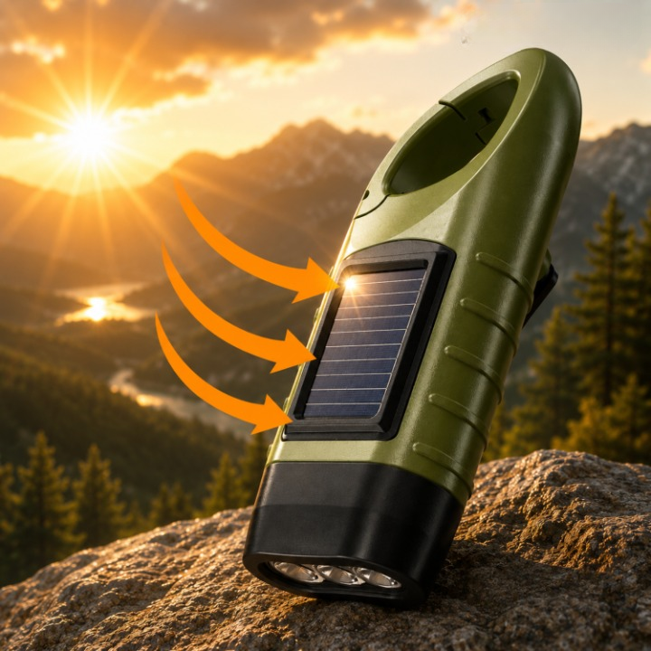 Hand-Crank LED Flashlight – Solar & Dynamo Charging, Rechargeable & Compact Design