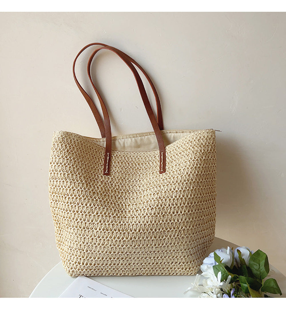 Woven Rattan Basket Bag – Leather Handles, 30×33cm & Women's Shopper Tote