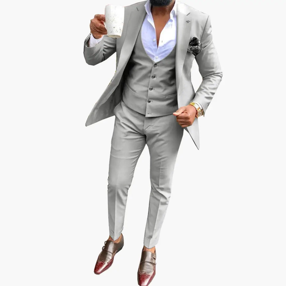 Men's Three-Piece Suit Set – Vest, Breathable Blazer & Notched Lapel Design