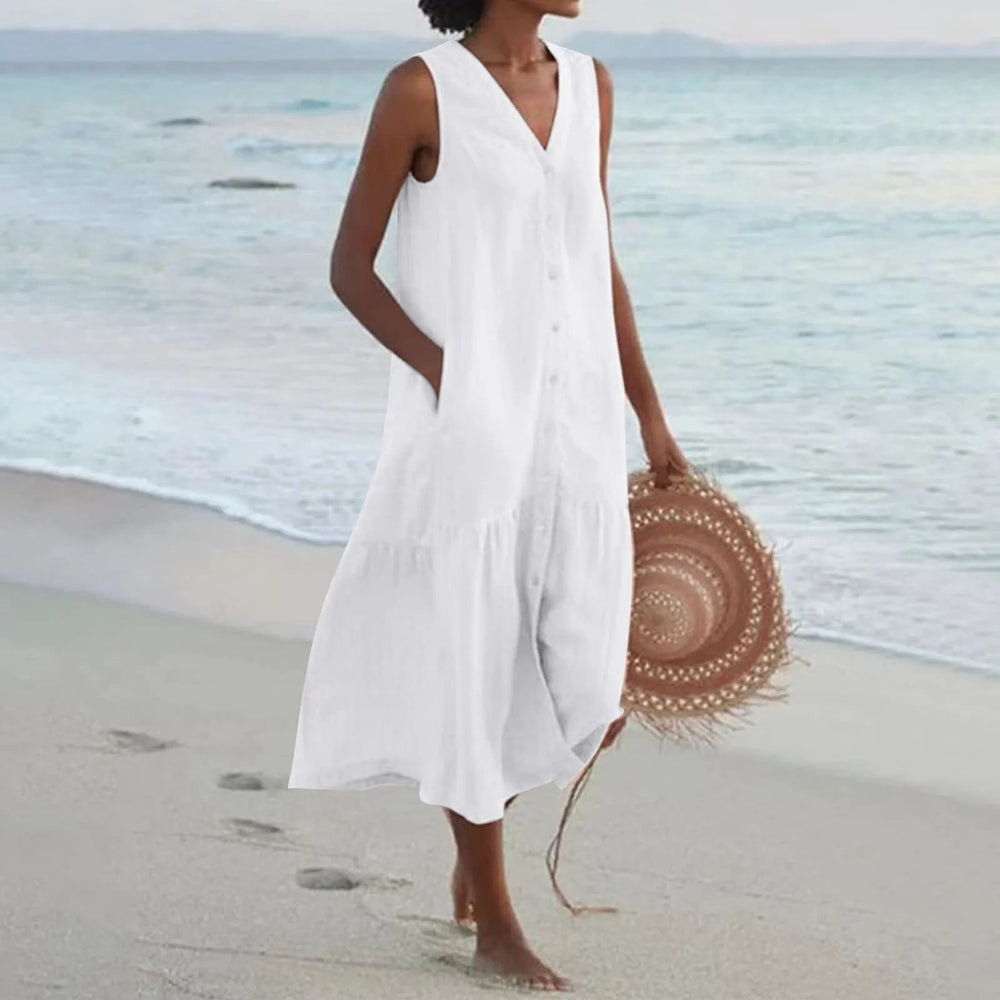 Elara – Stylish Linen Dress with V-Neck