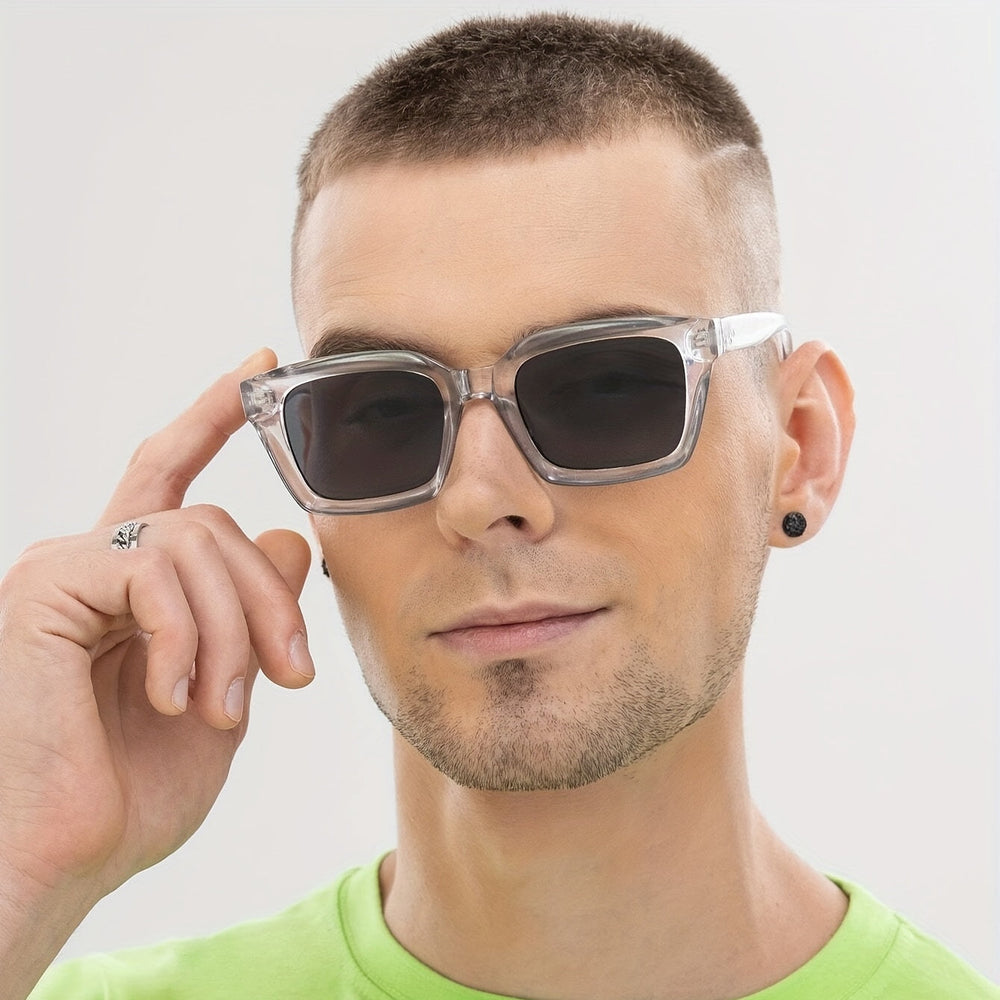Men's Square Sunglasses – UV400 Protection, Lightweight Polycarbonate, Clear Grey