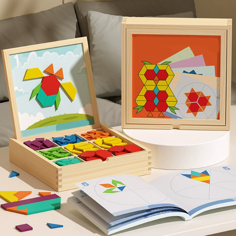 Magnetic Wooden Building Blocks with Pattern Cards - Creative STEM Toy for Kids