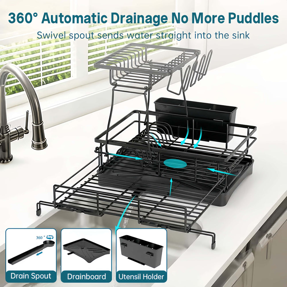 2-Tier Dish Drying Rack – Expandable, Drip Tray & Cutlery Holder