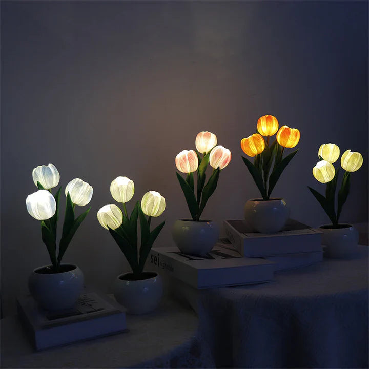 Stilvolle Tulpen-LED-Tischlampe im Keramiktopf – Warmes Dekorlicht für Gemütliche Atmosphäre