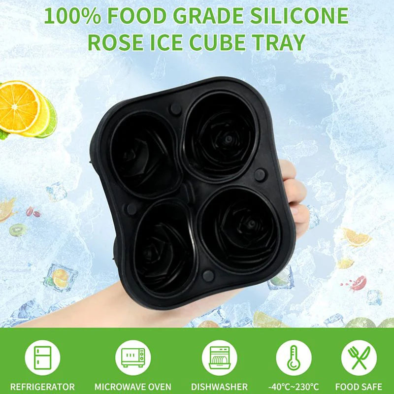 3D Rose Ice Cube Tray – Food-Grade Silicone, 6cm Cubes & 4 Cavities