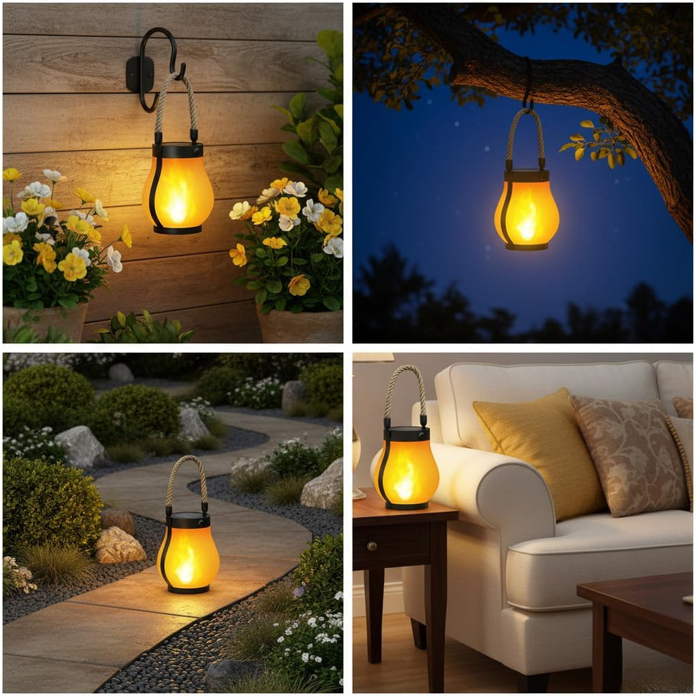Solar Flame Lantern – LED Flame Effect, Dusk Sensor & Solar + USB Charging