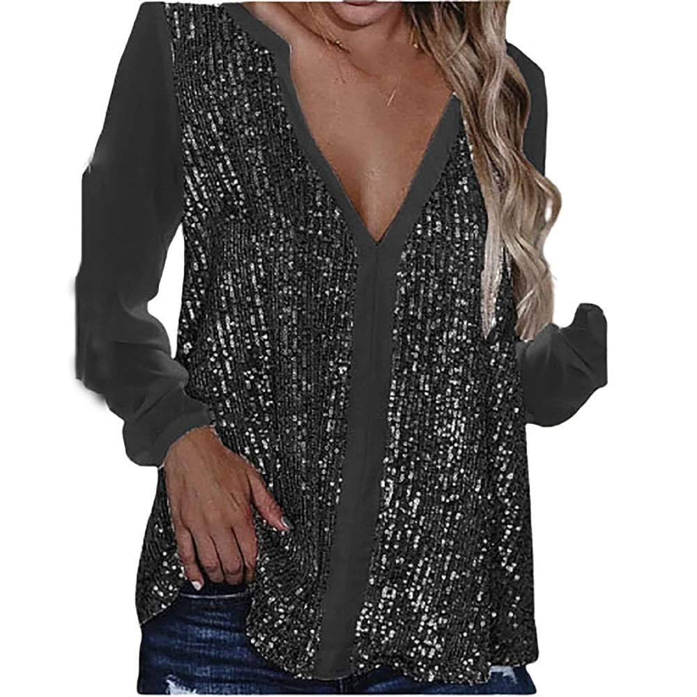Plus Size Fall Sequin V-Neck Blouse - Stylish & Sparkling Autumn Top