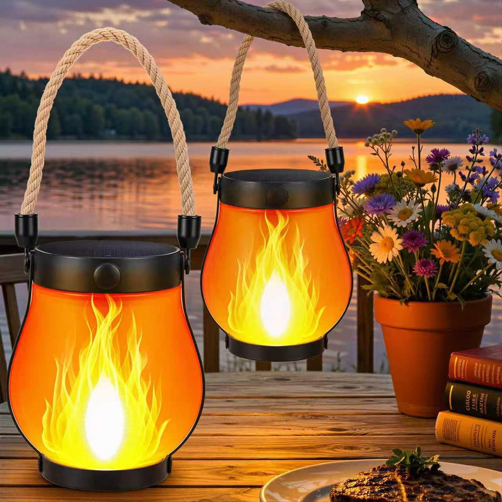 Solar Flame Lantern – LED Flame Effect, Dusk Sensor & Solar + USB Charging