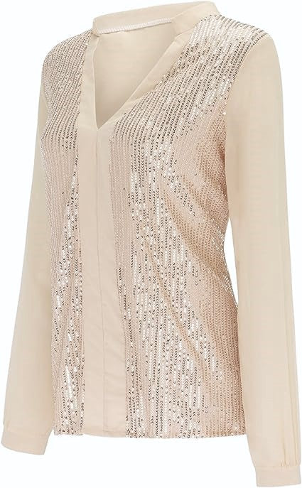Plus Size Fall Sequin V-Neck Blouse - Stylish & Sparkling Autumn Top