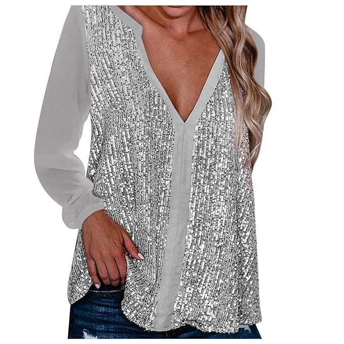Plus Size Fall Sequin V-Neck Blouse - Stylish & Sparkling Autumn Top
