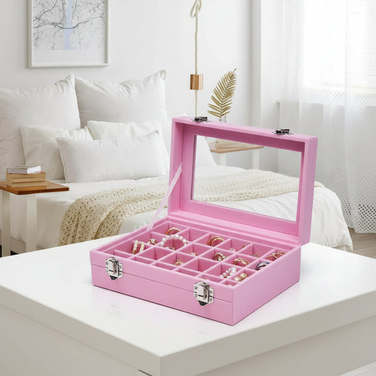 Velvet Jewelry Organizer Tray – Glass Lid, Adjustable Dividers & Mother's Day Gift