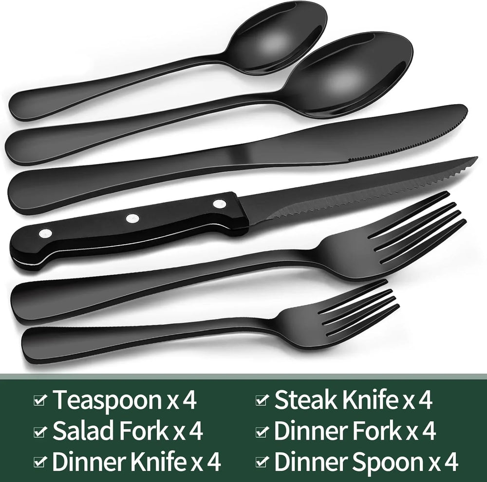 24-Piece Black Cutlery Set – Complete Dining Set for 4 People – Elegant Stainless Steel Flatware