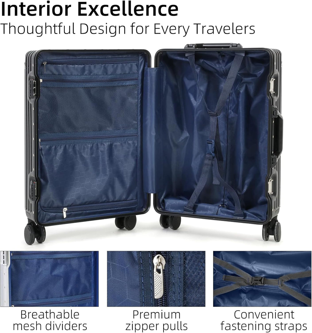 Enhanced Product Title: **Premium Aluminium Frame Carry-On Luggage with TSA Lock & Whisper-Quiet Wheels - Lightweight & Durable Travel Suitcase**