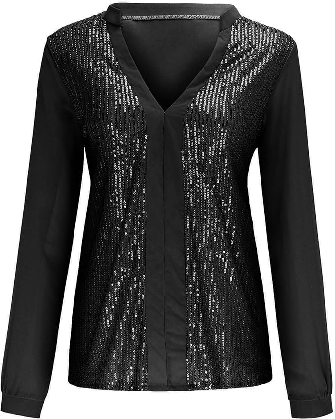 Plus Size Fall Sequin V-Neck Blouse - Stylish & Sparkling Autumn Top