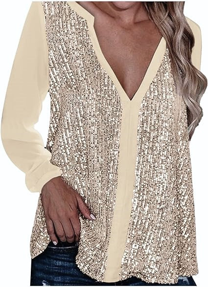 Plus Size Fall Sequin V-Neck Blouse - Stylish & Sparkling Autumn Top