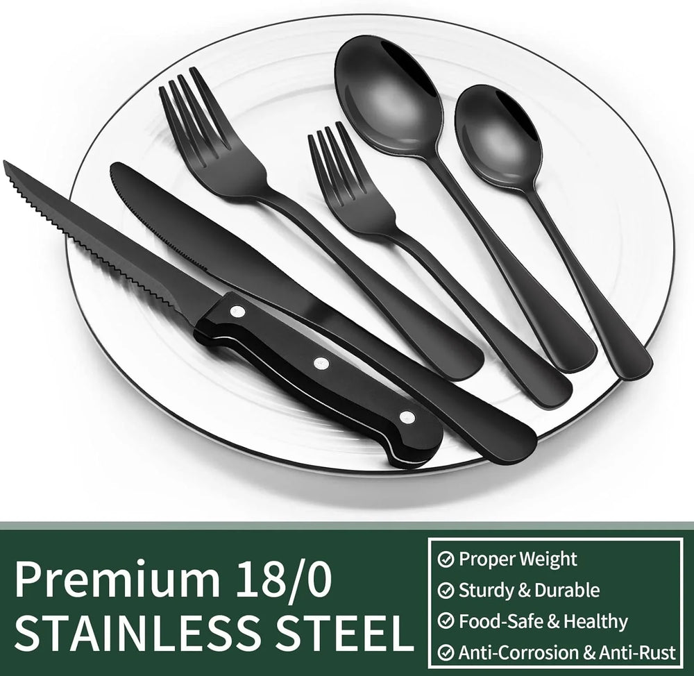 24-Piece Black Cutlery Set – Complete Dining Set for 4 People – Elegant Stainless Steel Flatware