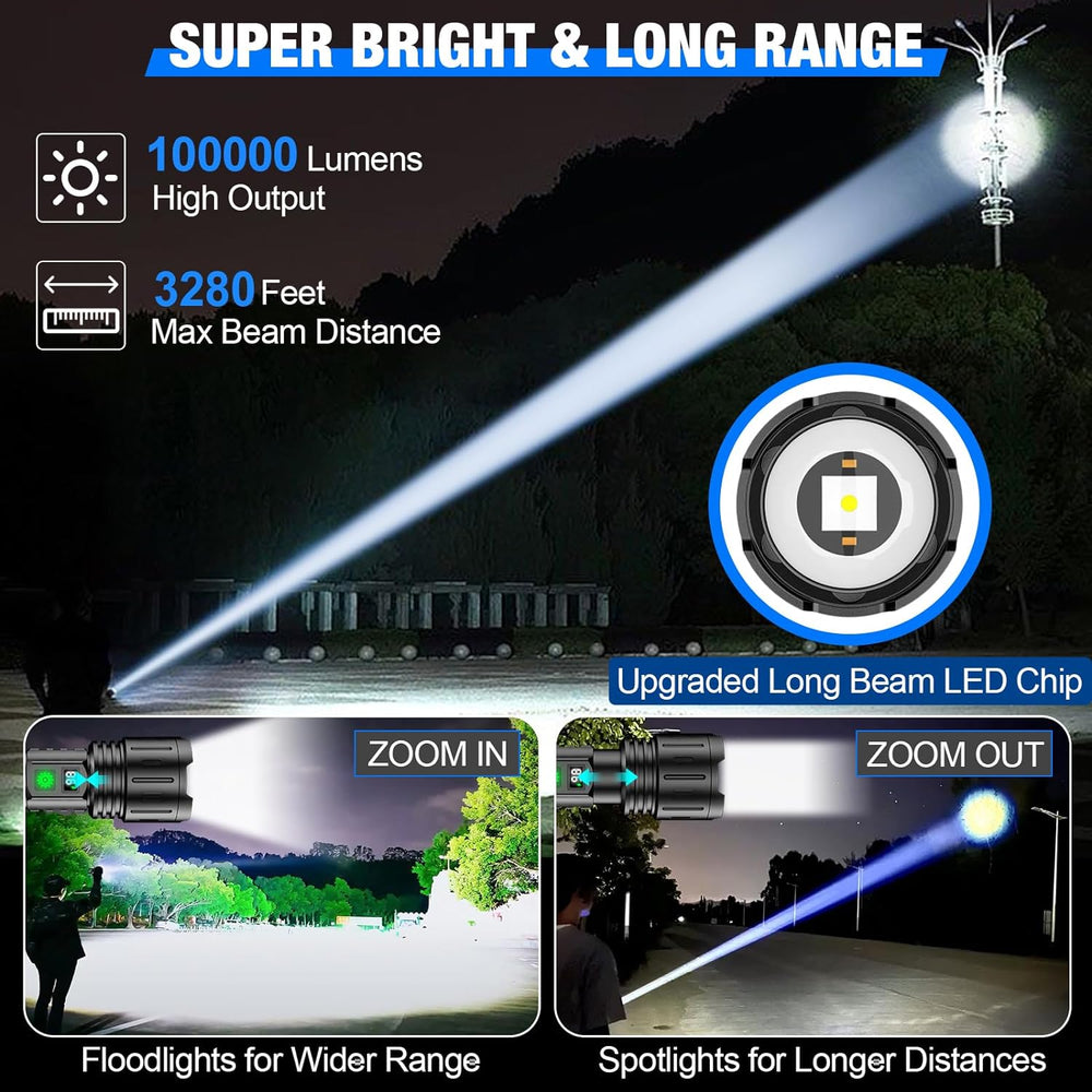 Tactical LED Flashlight – Rechargeable, 100000 Lumens & Waterproof Design