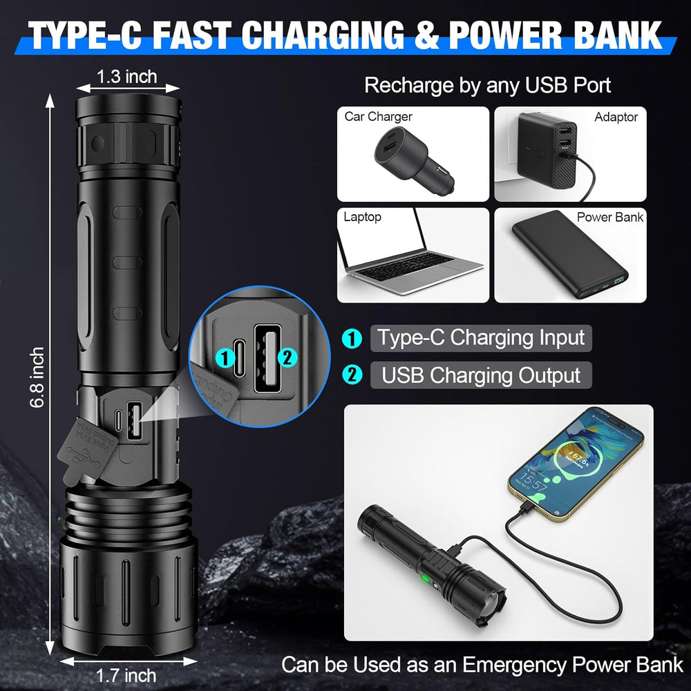 Tactical LED Flashlight – Rechargeable, 100000 Lumens & Waterproof Design