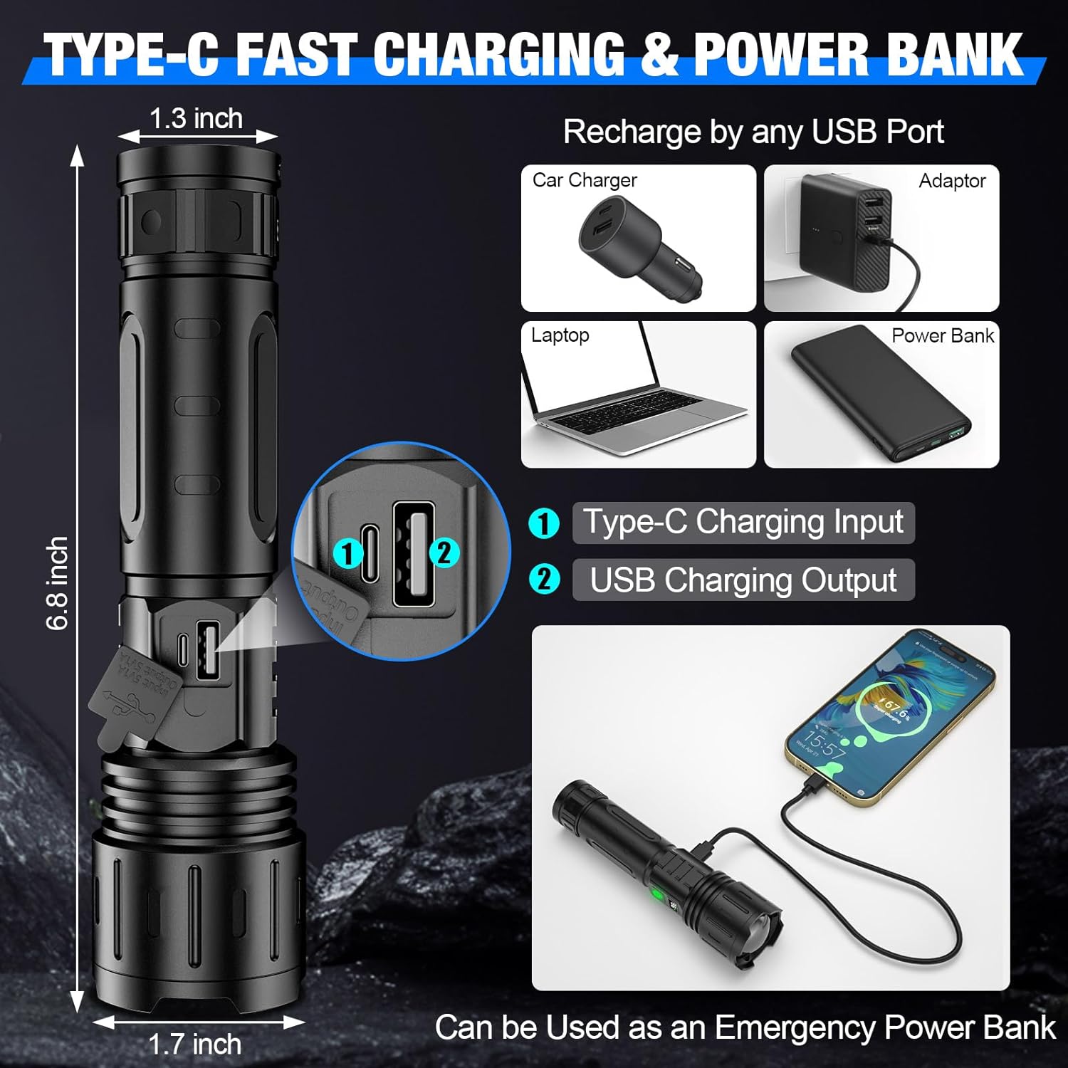 LED Tactical Flashlight Rechargeable, 100000 Lumen High Lumens Waterproof Torch for Camping Hiking and Emergency Use
