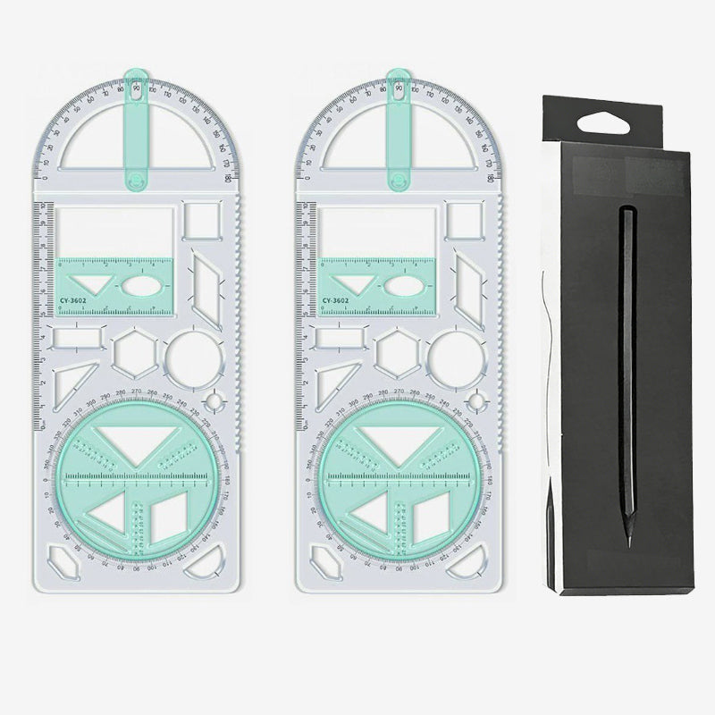 Geometry Ruler with Protractor – Transparent PP, Rotating Angle & Shape Stencils