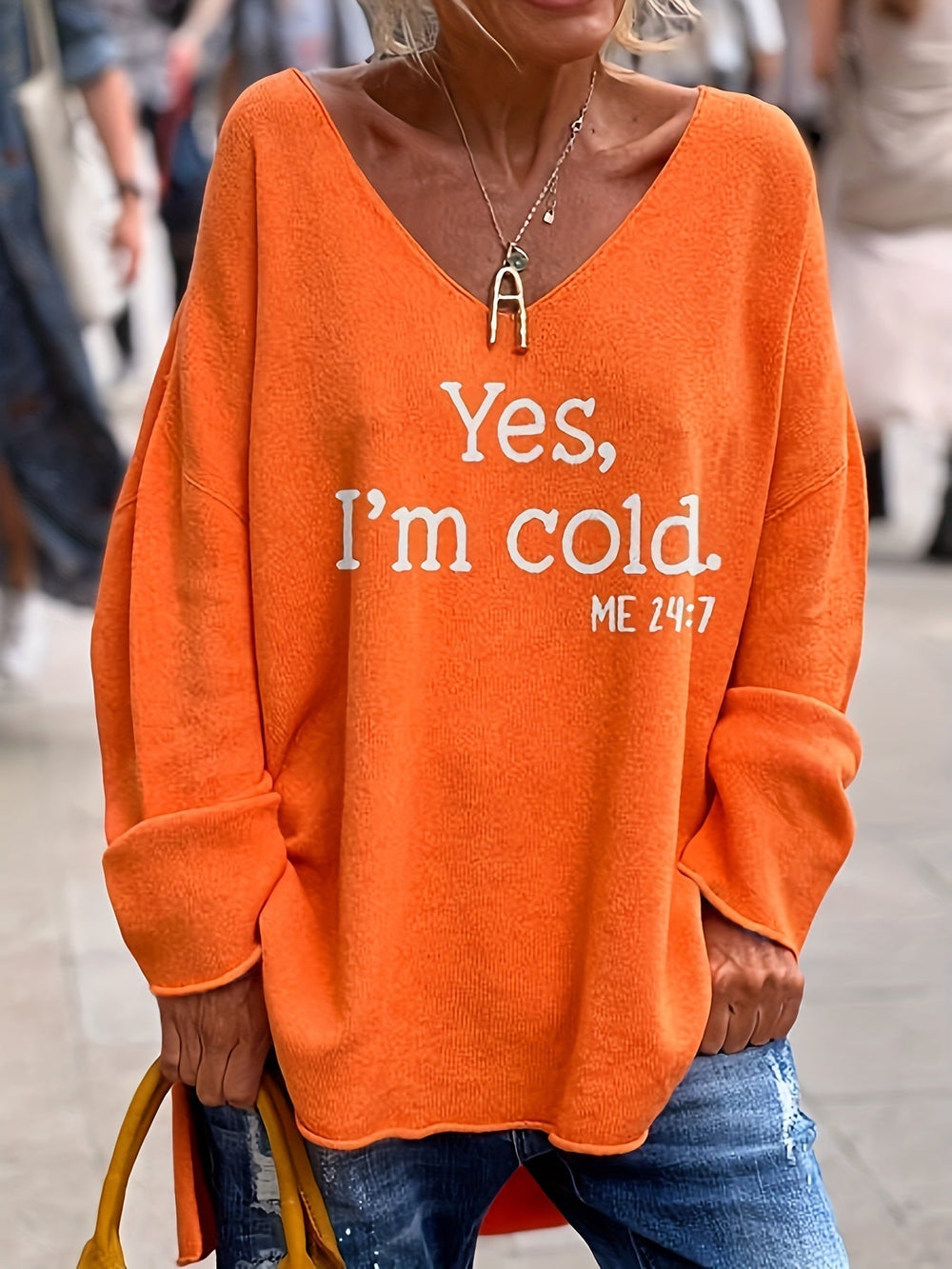 Ladies oversized jumper with V-neck & pattern - Alenia